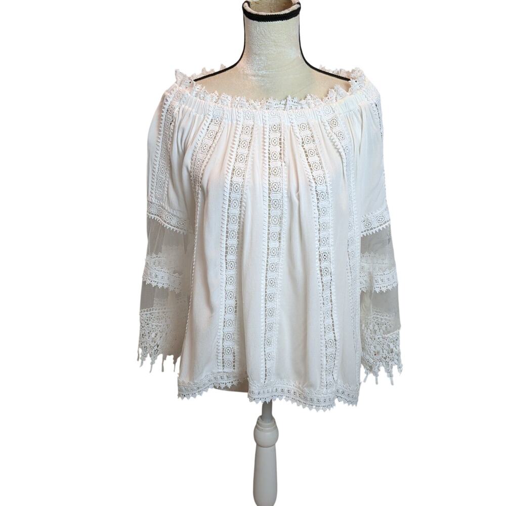 Vici Sz M White Crochet Lace Sheer Flare Sleeve Shirt Boho Fairy Prairie Cottage